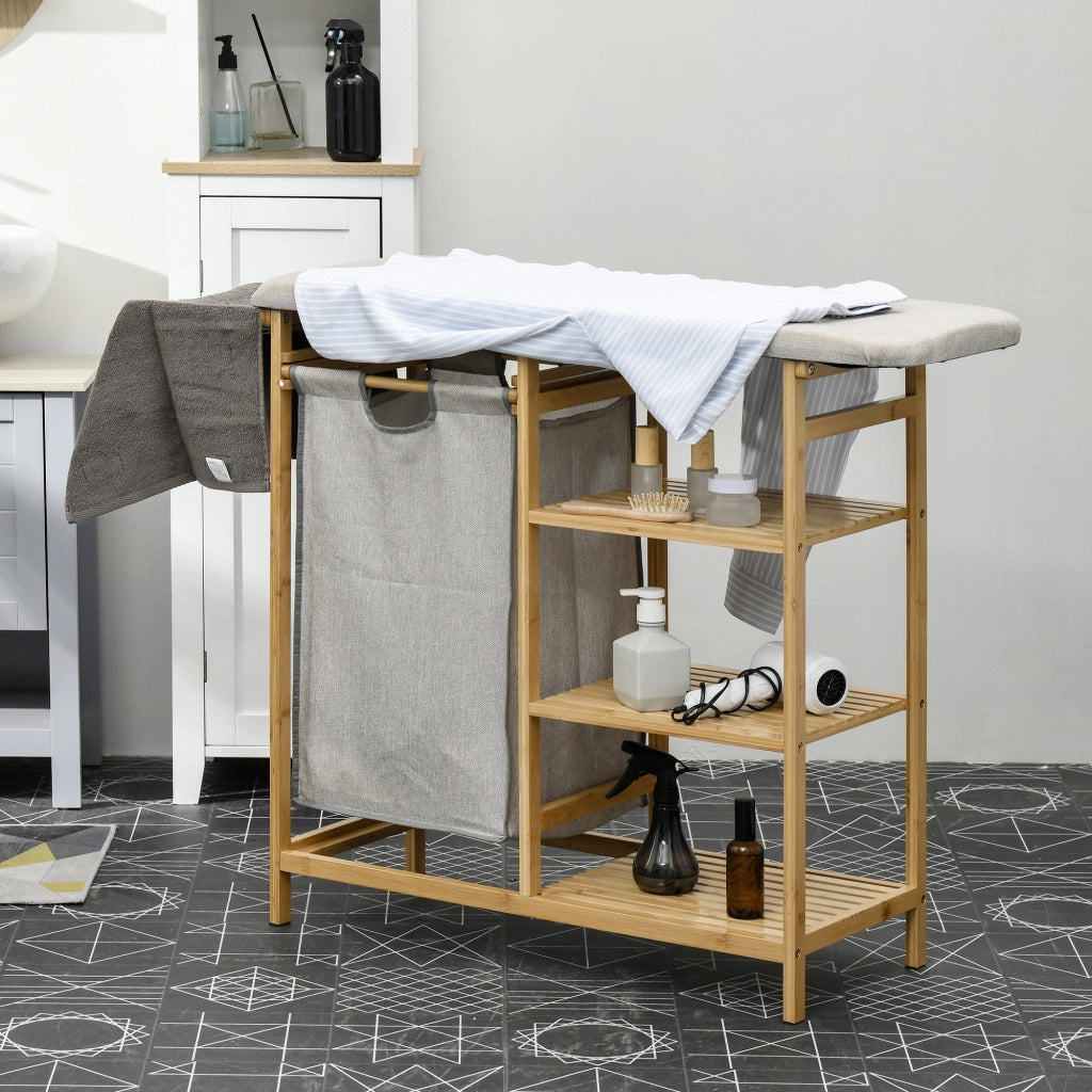 Cesto Ropa Sucia con Tavolo da Stiro e Scaffali ¨C Zephmum ¨C 113x34x82 cm Naturale
