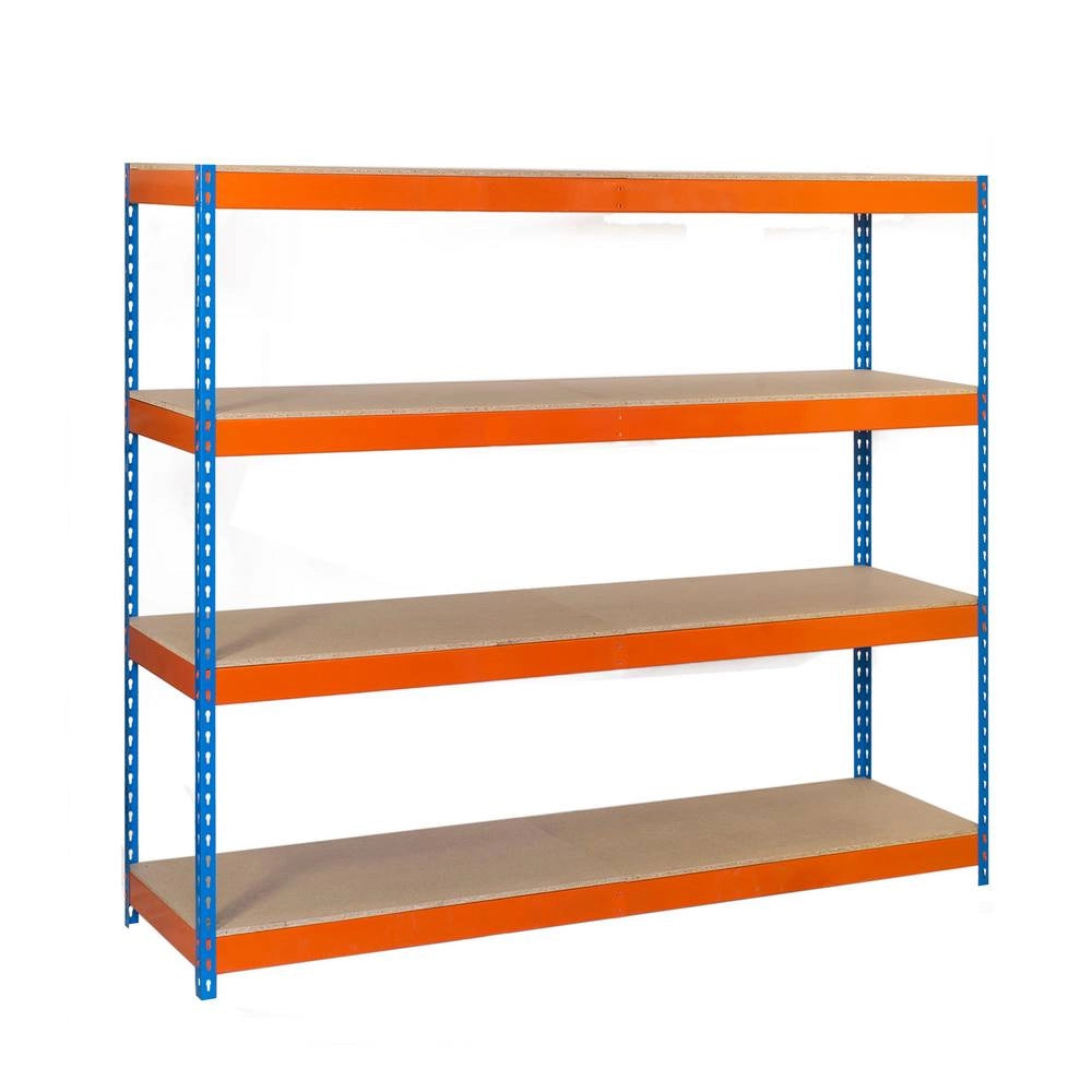 Scaffale in metallo Simon Rack senza viti colore blu/arancio/legno 4 ripiani 2000x1500x900 mm Made in Spain