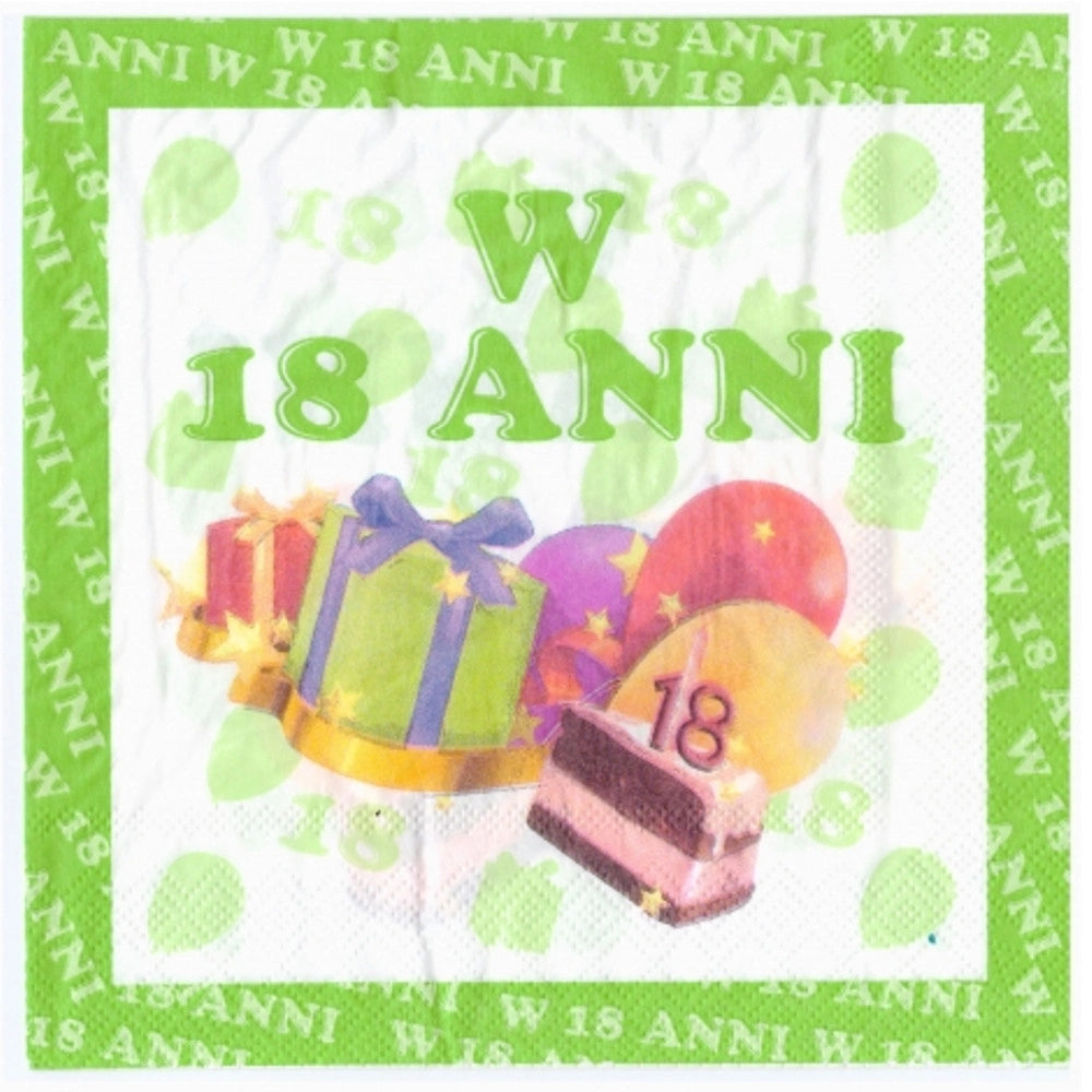 Trade Shop - Set 36 Pezzi Tovaglioli Di Carta Feste 18 Anni Verde Bianco 33x33cm Usa E Getta -