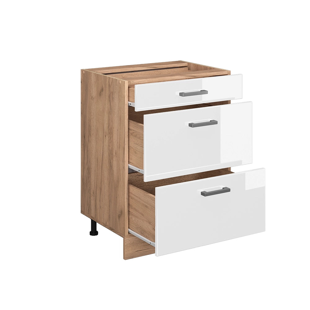 Mobiletto base per cucina R-Line Bianco lucido/Rovere dorato 60 cm con cassetti, senza piano di lavoro Vicco