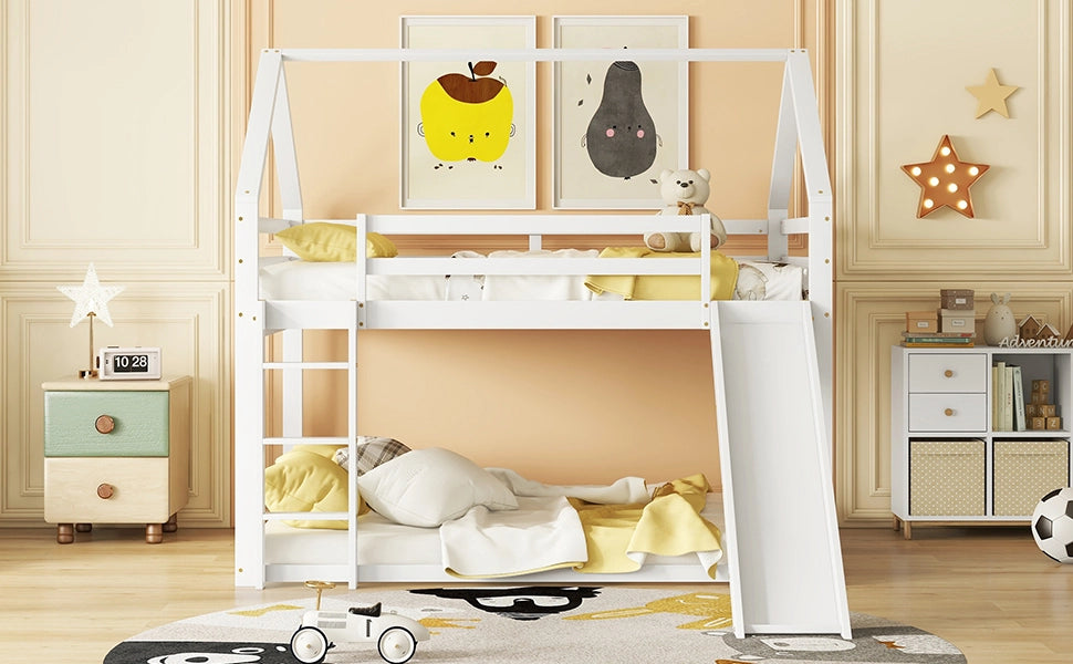 DESMIU Letto a castello casetta 140 × 200 cm 2 posti con scivolo e scala, senza materasso, in pino, bianco