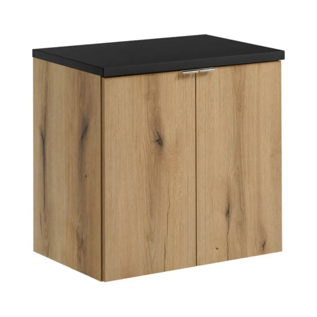 Set da bagno sospeso VANO in rovere e nero 60cm: mobile sottolavabo con armadietti + piano per lavabo