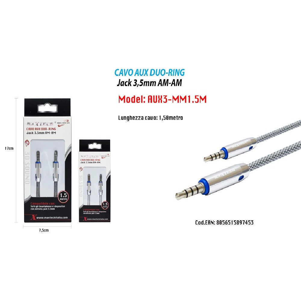 Trade Shop - Cavo Audio Jack 3,5 Mm Maschio Am/am 1,5 Mt Prolunga Aux Per Cuffie Maxtech Aux3-mm1.5m -