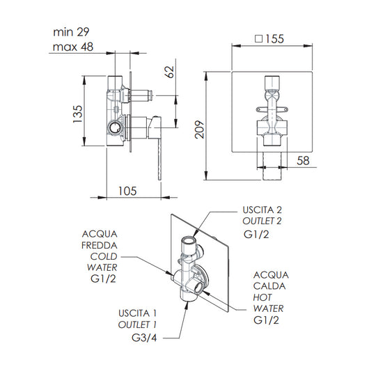 Rubinetto da incasso per vasca/doccia - serie qubika