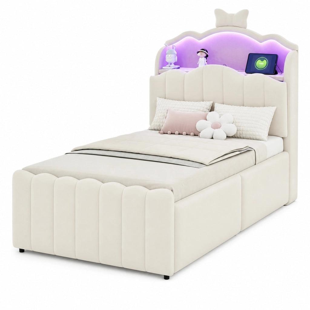Letto per bambini imbottito 90x200 cm in velluto beige con LED, USB e USB-C