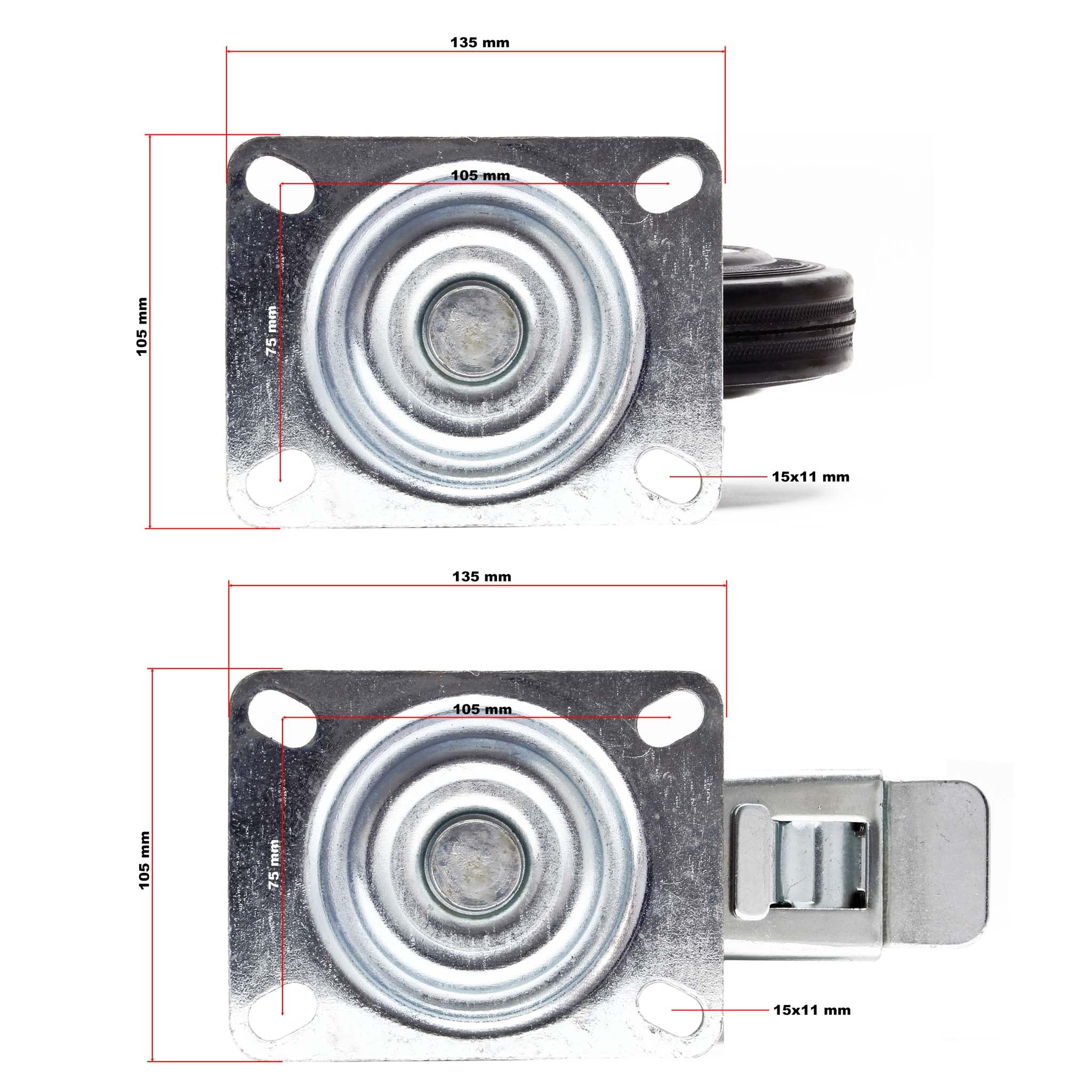 Set 4 ruote piroettanti, freno doppio blocco, Rotella 200mm max 150kg, metallo e gomma piena