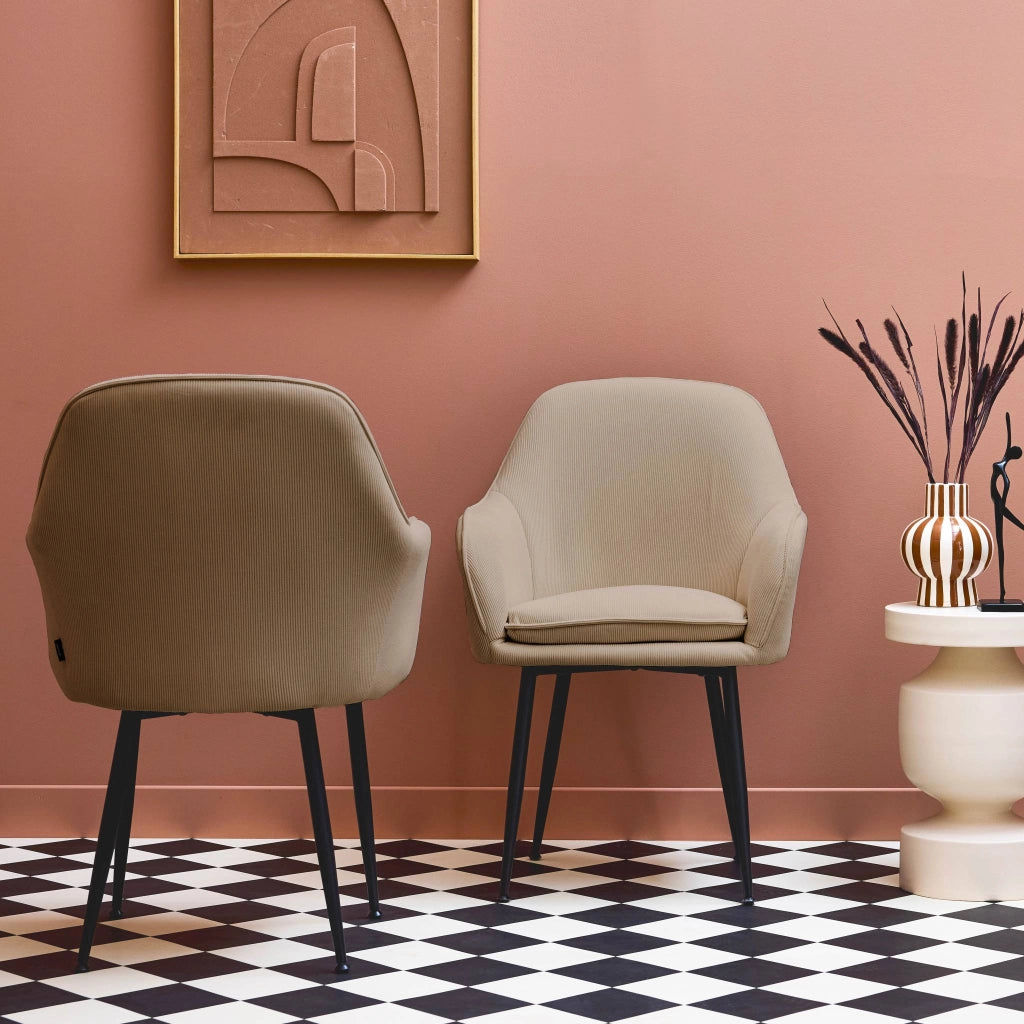 Set 2 poltrone in velluto a coste con gambe in metallo, beige