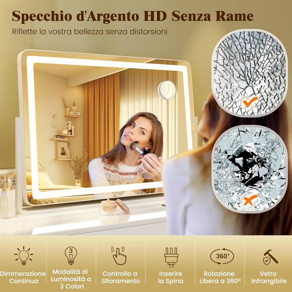 Speechio da Trucco con Luci Regolabile in Luminosità e a 3 Colori, Specchio da Tavolo con Specchio Ingrendimento 10X, Specchio da Trucco a Rotazione, 80 x 55 cm, Bianco