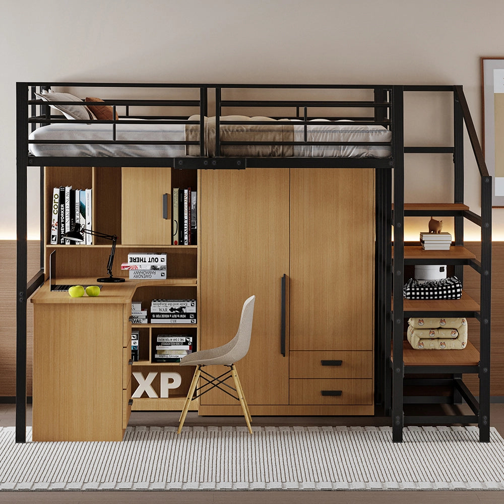 Letto a soppalco 140x200 cm - Xylo - Robusto in metallo con scala e spazio di archiviazione, Nero