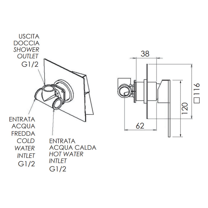 Rubinetto da incasso per vasca/doccia quadro - serie qubika