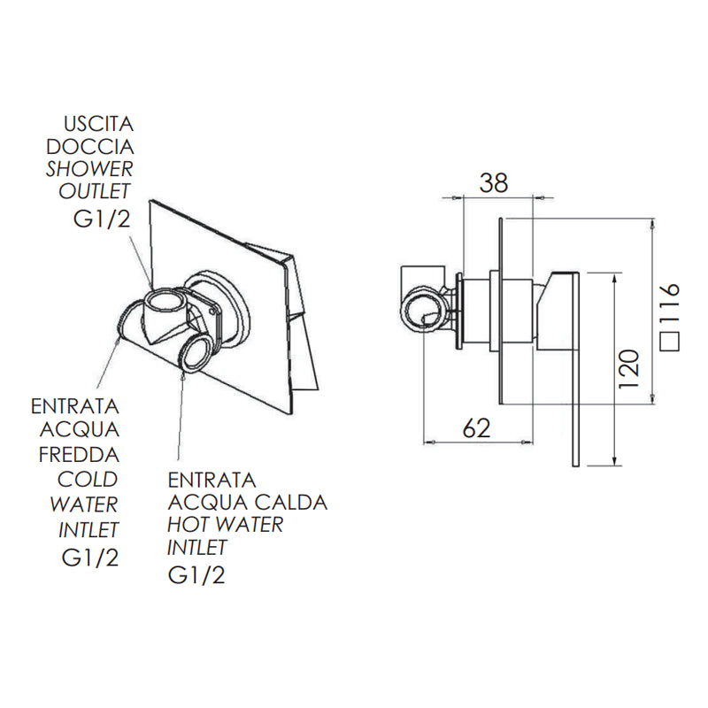 Rubinetto da incasso per vasca/doccia quadro - serie qubika