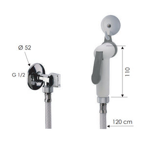 Set doccetta bidet eco con doccia a pulsante bianca, flessibile, rubinetto e gancio bianco