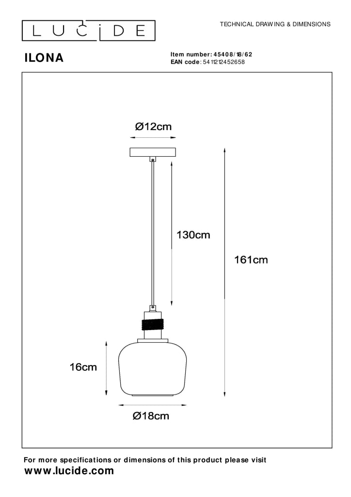 Lampada a sospensione ILONA vetro/legno nera Ø18 E27 Lucide