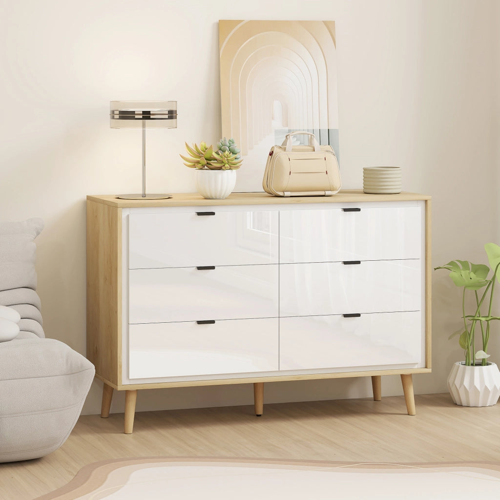 Cassettiera con 6 Cassetti in Legno per Camera da Letto. 110x40x75 cm. Bianco Lucido e Rovere
