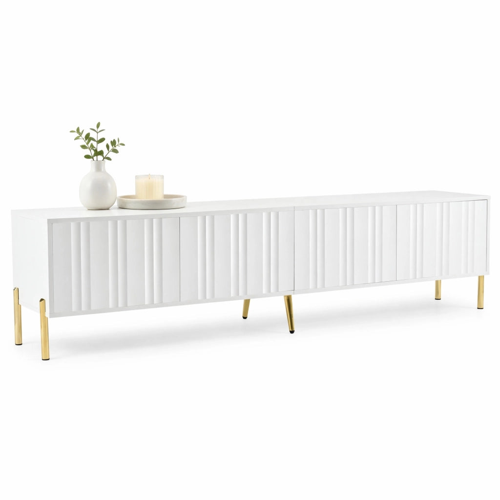 TV Schrank bianco 190 cm con 4 ante; 8 ripiani e gambe dorate