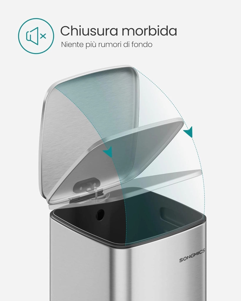 SONGMICS Pattumiera da Cucina, Cestino da 30 L, Cestino a Pedale in Acciaio, con Secchio Interno, Chiusura Morbida e Resta Aperto, Argento Metallizzato LTB593E01