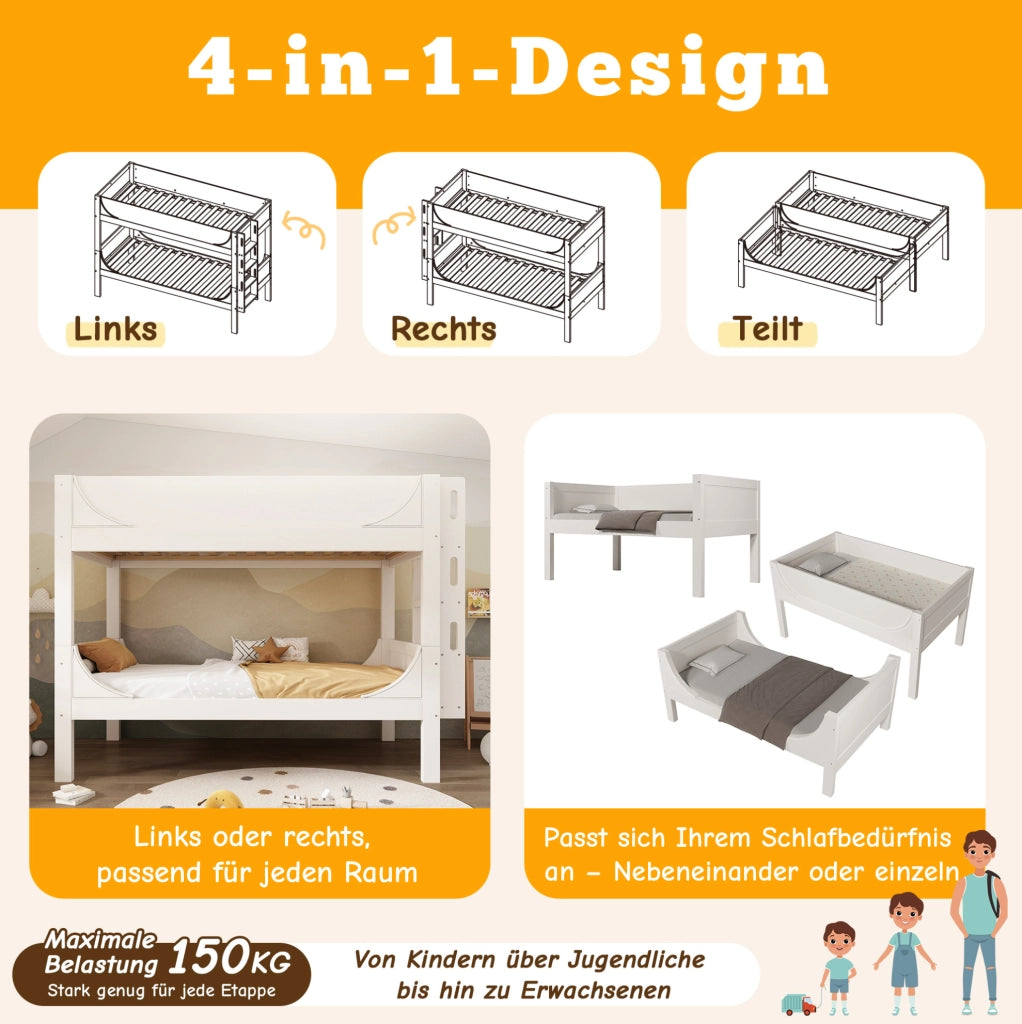 Letto a castello divisibile 90x200 cm bianco con scala