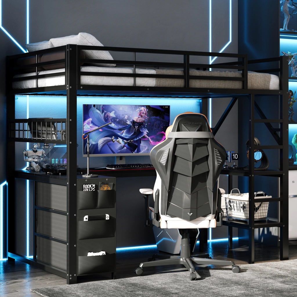 Letto a soppalco gaming 90x200 cm in metallo nero con scrivania e cassetti