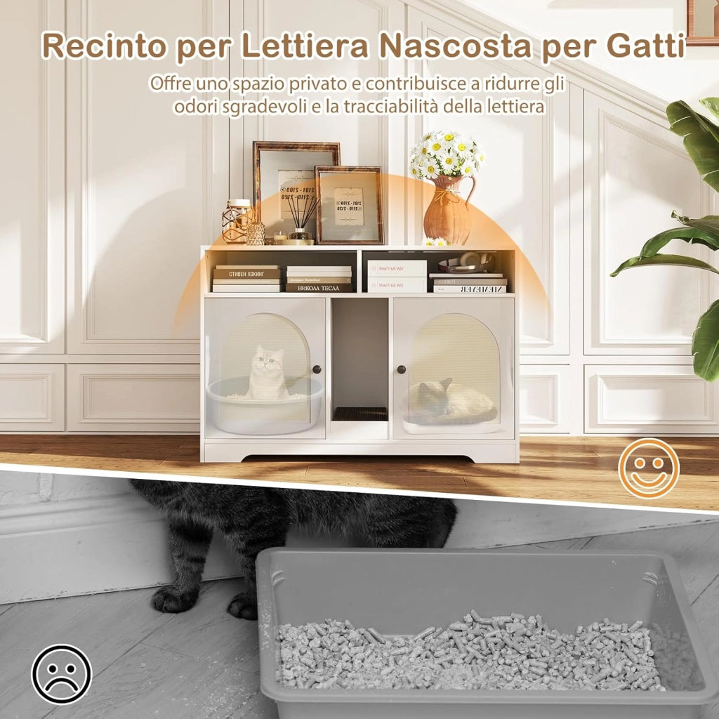 Mobile per Lettiera per Gatti, Cassetta per Gattini con Ripostiglio, Doppie Stanze, Tavola da Graffiare e 2 Tappetini in Sisal, Cuccia per Gatti da Interno, 76 x 53 x 74 cm