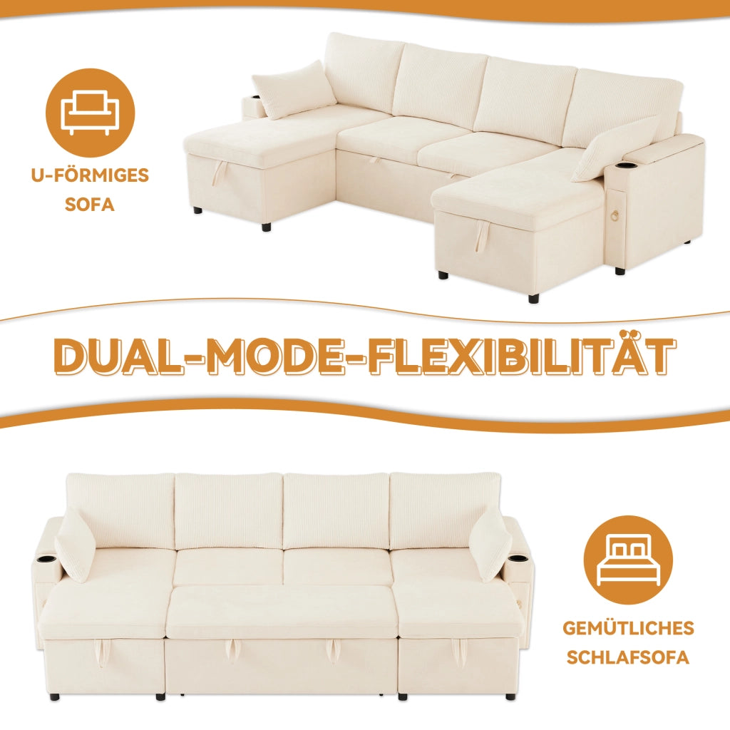 Divano angolare convertibile 4 posti con vano contenitore, portabicchieri e cuscini, in Chenille e Corduroy Beige