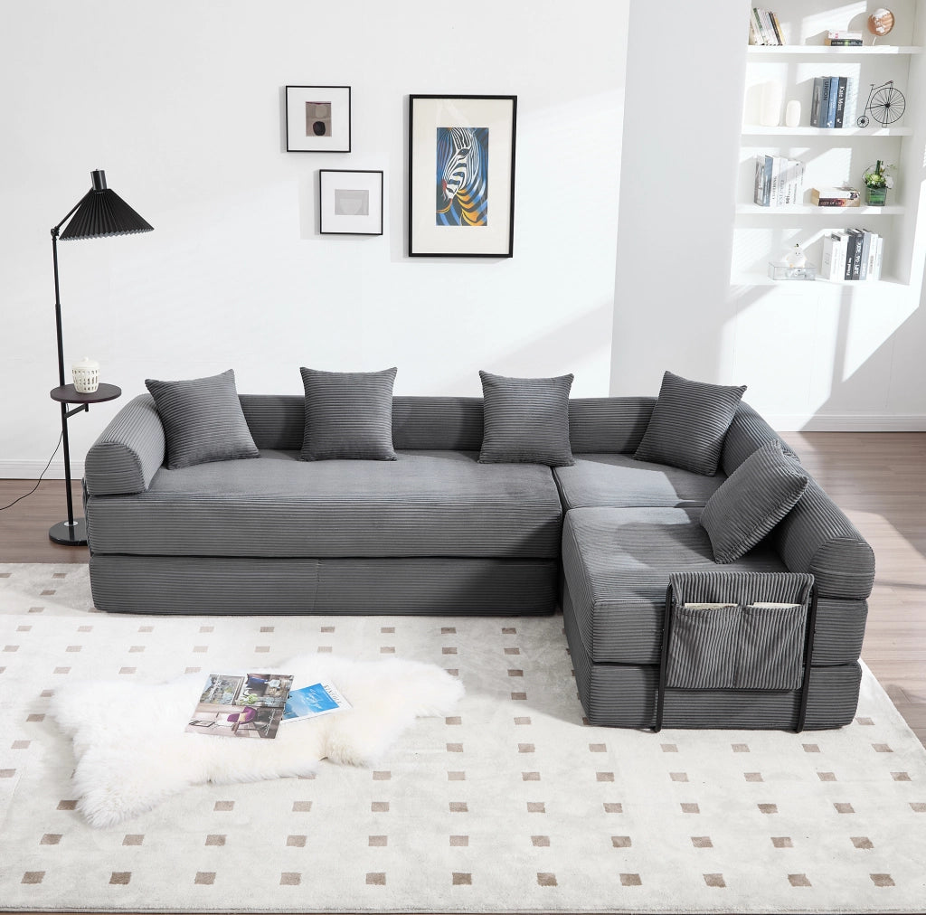 Divano modulare grigio scuro con contenitore, 270x180x64 cm, tessuto in cotone a coste