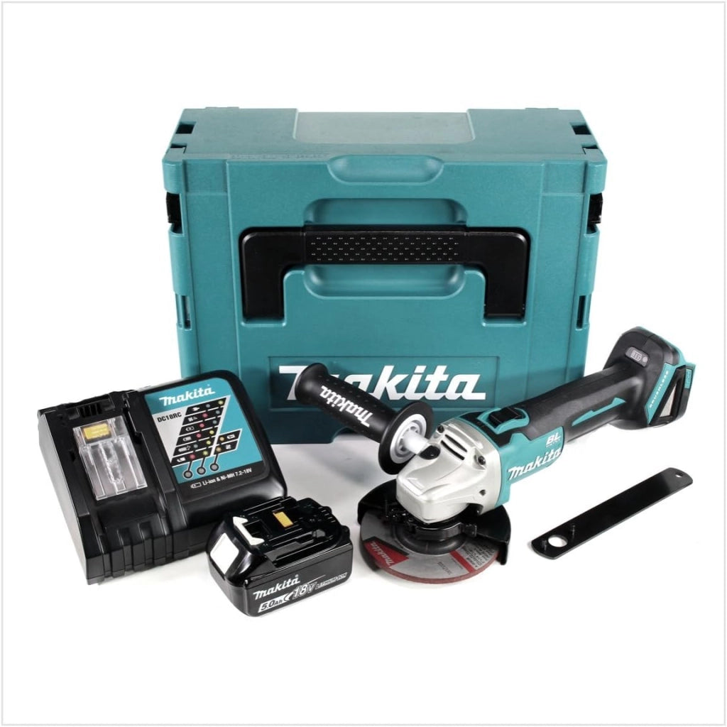 DGA 504 RT1J - Smerigliatrice angolare a batteria 18 V, 125 mm, senza spazzole + 1 batteria da 5,0 Ah + caricatore + Makpac