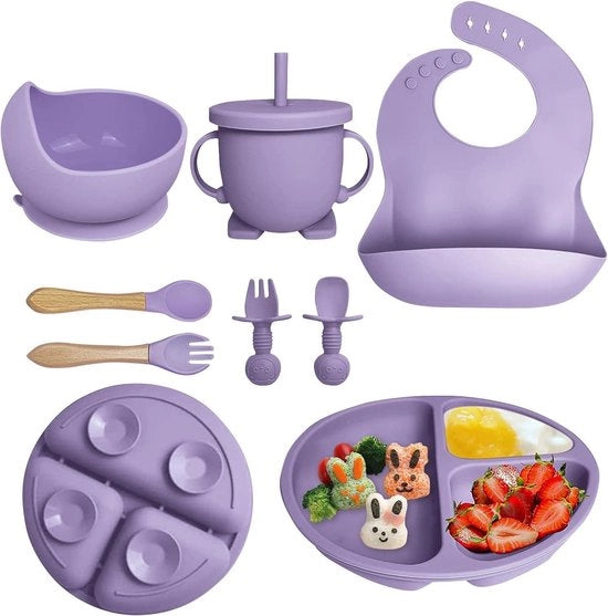 Set di Cibi per Bambini da 8 pezzi in Silicone - Piatto per Bambini con Fondo - Scodella con Manico - Ciotola Cucchiaio - Fazzoletto Antiscivolo Impermeabile - Set di Cibi per Bambini per l'Apprendimento - Imparare a Mangiare