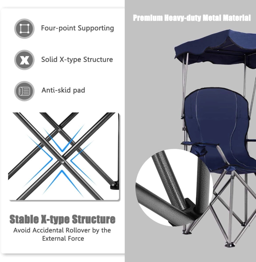Sedia da campeggio con baldacchino, ombra, sedia da spiaggia e beach chair, pieghevole, con portabevande e borsa, per esterni, fino a 130 kg (blu)