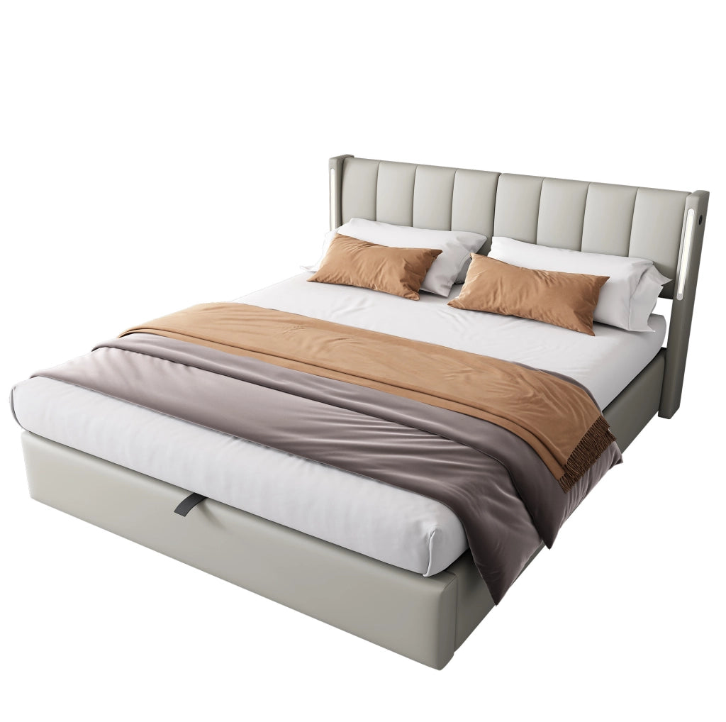Letto imbottito grigio 140 x 190 cm con LED, USB e contenitore
