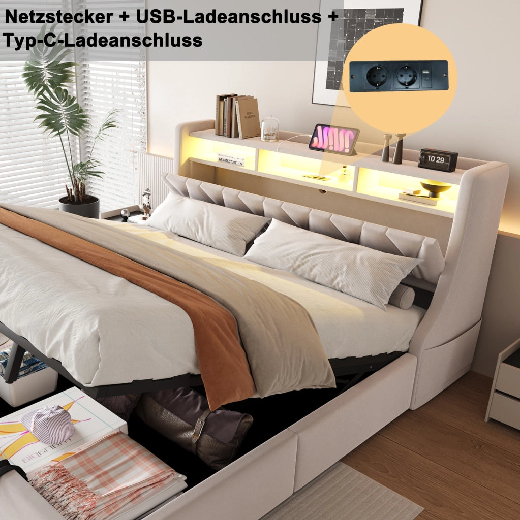 Letto matrimoniale 180x200 cm in velluto beige con contenitore; LED e testiera con prese USB/C