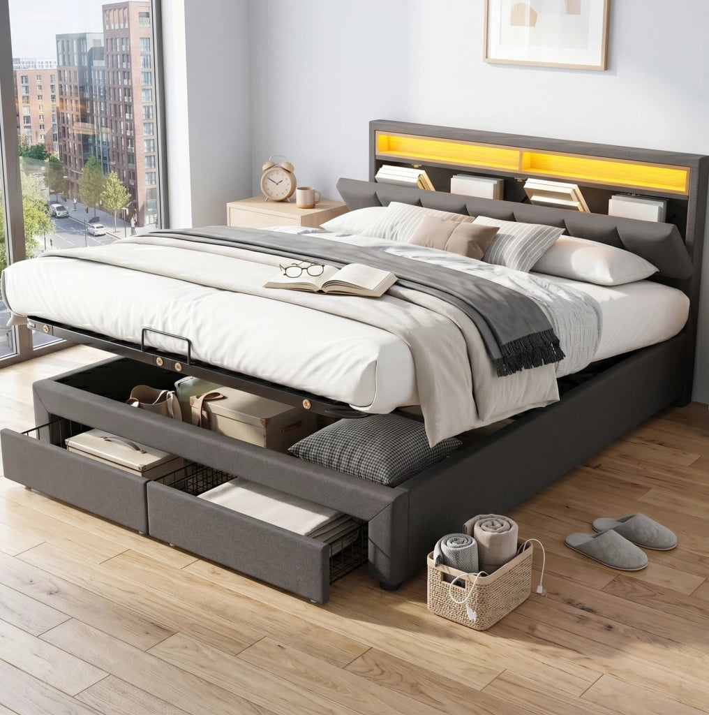 Letto imbottito 180x200 cm con illuminazione LED; rete a doghe; lino; grigio scuro