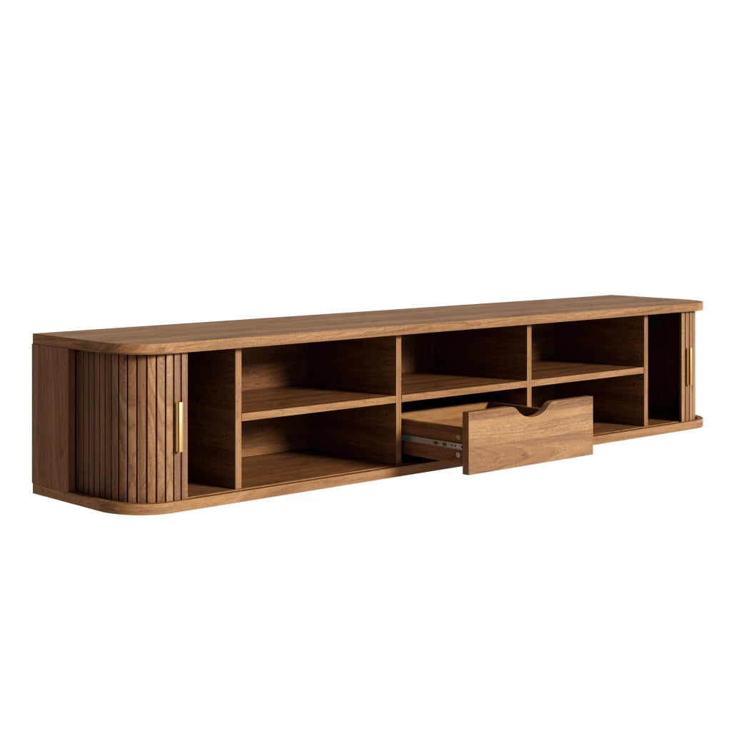 Mobile TV da parete, finitura effetto legno, illuminazione a LED regolabile tramite app, materiale MDF, colore noce