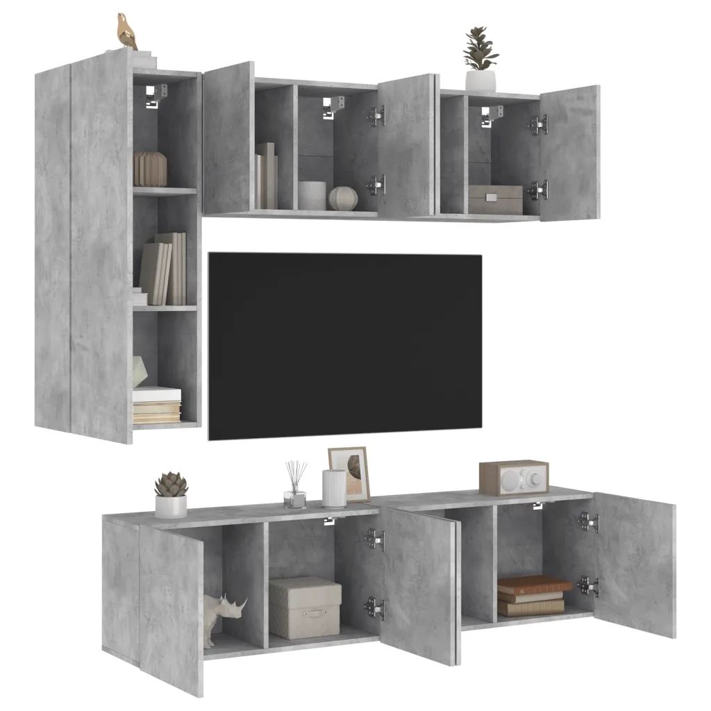 Mobili TV a Muro con LED 5pz Grigio Cemento Legno Multistrato 3216467