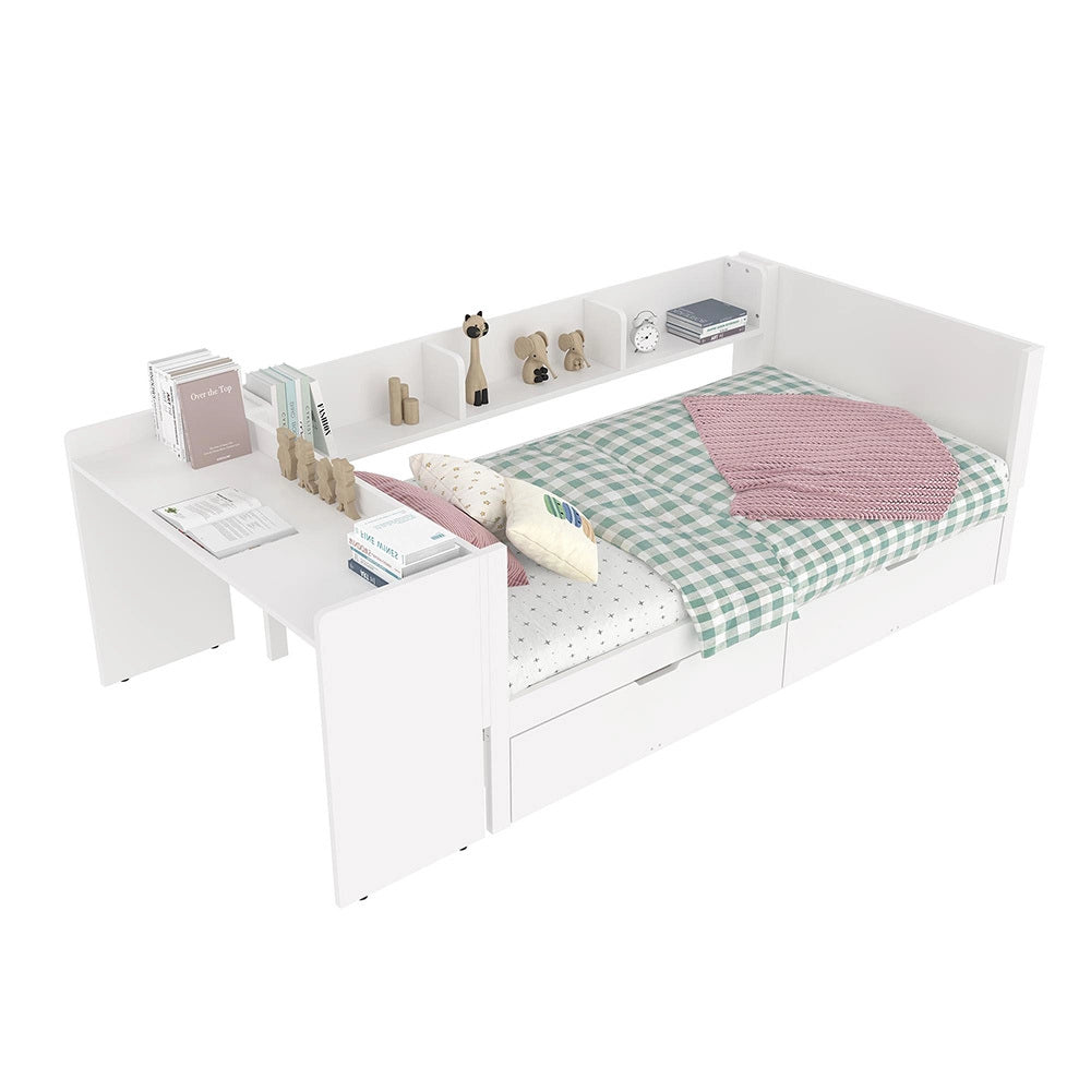Letto singolo-Xylo-90x200 cm-con scrivania, 2 cassetti, scaffali, pino, bianco