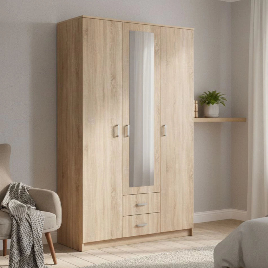 Armadio Camera da Letto Crati, Guardaroba 3 Ante Appendiabiti, 120x52 cm Marrone Quercia