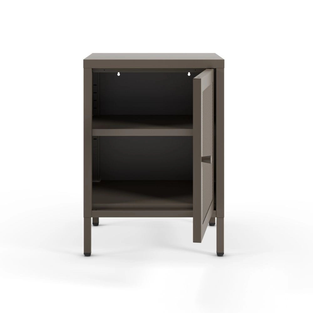 Comodino Fayna in metallo mocha con anta reticolata 40x35x60H – Design industriale