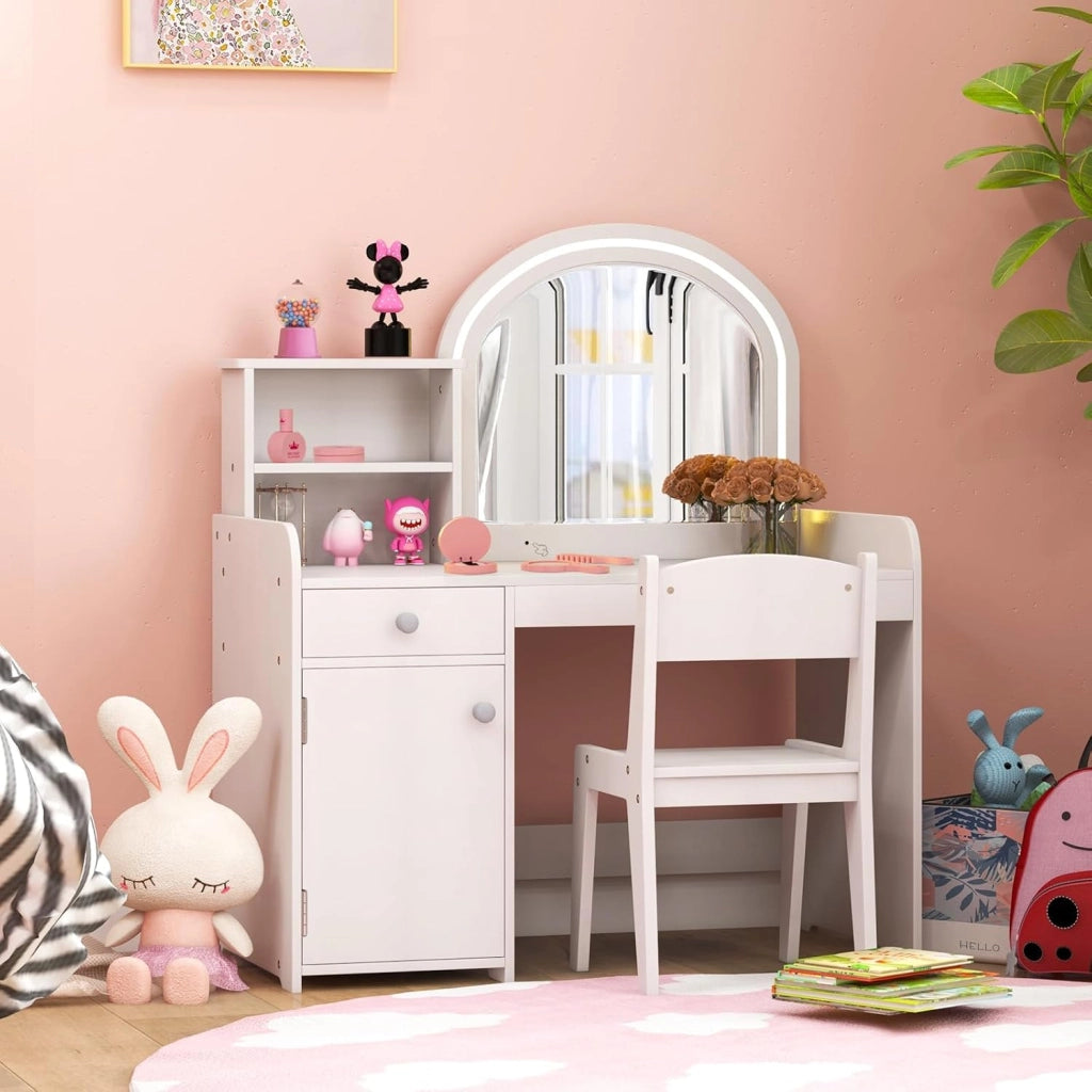 Toeletta Trucco 2 in 1 per Bambina, Specchiera per Ragazza in Legno con Mensole, Cassetto, Ripiani e Luci LED Regolabile, Postazione Trucco per 3 Anni, 80 x 40 x 94 cm (Bianco)