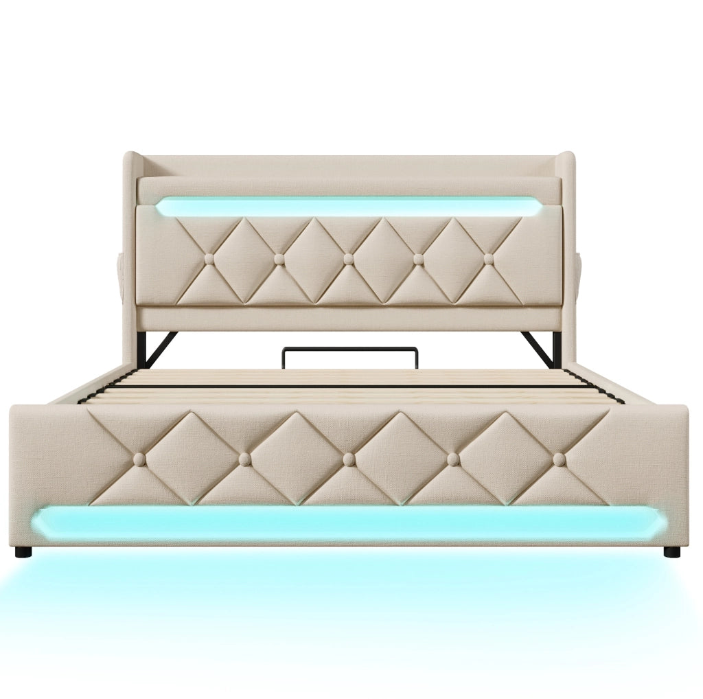 Letto 160x200 cm con contenitore idraulico e LED; lino beige