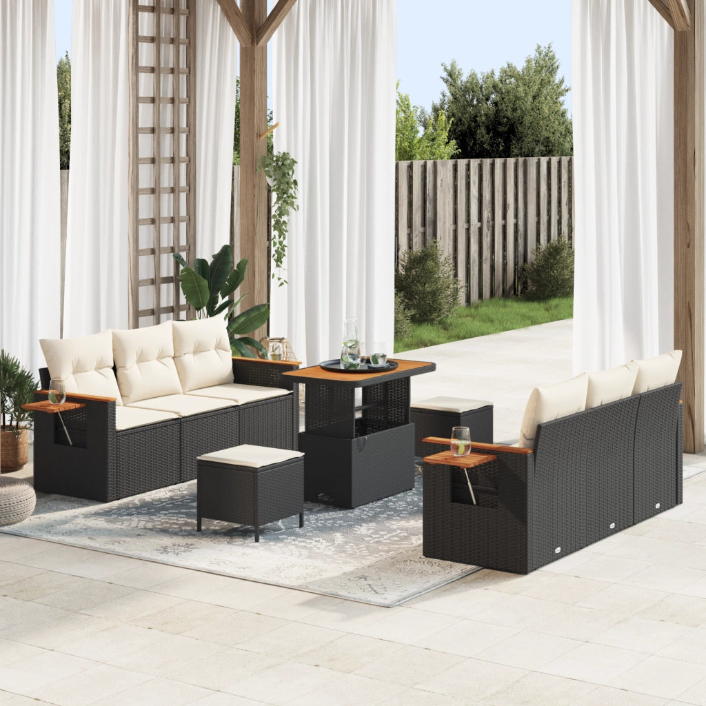 Set Divano Giardino  9 Pezzi con Cuscini Nero Polyrattan Acacia