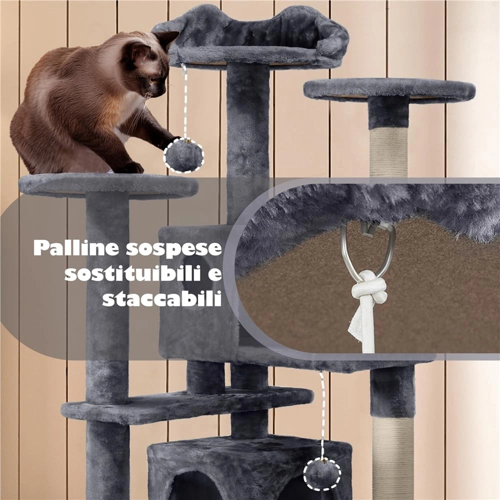 Yaheetech Albero Tiragraffi per Gatti 139 cm con 3 Pali Graffiatoi 3 Posatoi 2 Grotta 2 Pompon in Peluche a Più Livelli Giocattolo Gioco Grigio Scuro