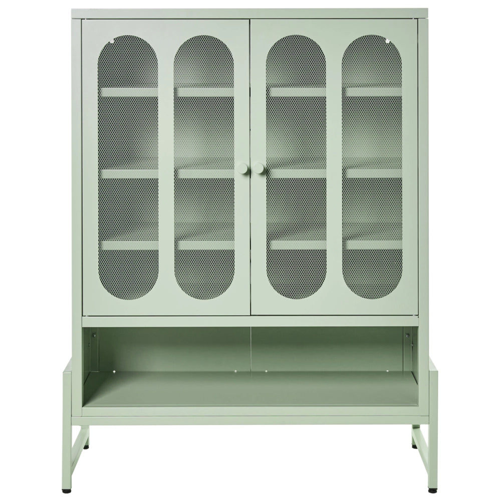 Credenza in acciaio con 2 ante ovali traforate e 5 ripiani verde menta stile industriale moderna
