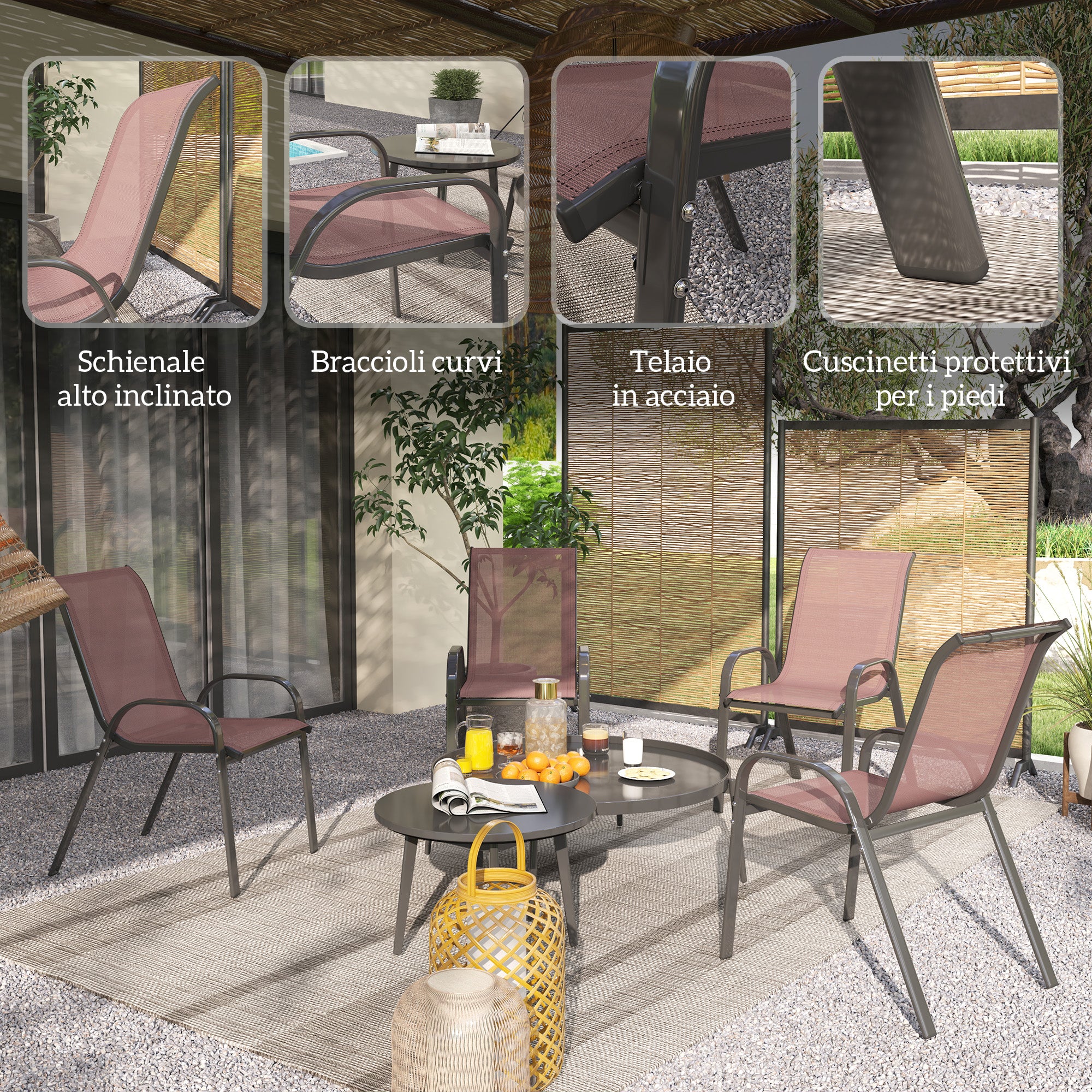 Set 4 Sedie da Giardino 54x71x93 cm Impilabili con Braccioli Curvi in Acciaio e Tessuto Traspirante Marrone