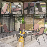 Set 4 Sedie da Giardino 54x71x93 cm Impilabili con Braccioli Curvi in Acciaio e Tessuto Traspirante Marrone