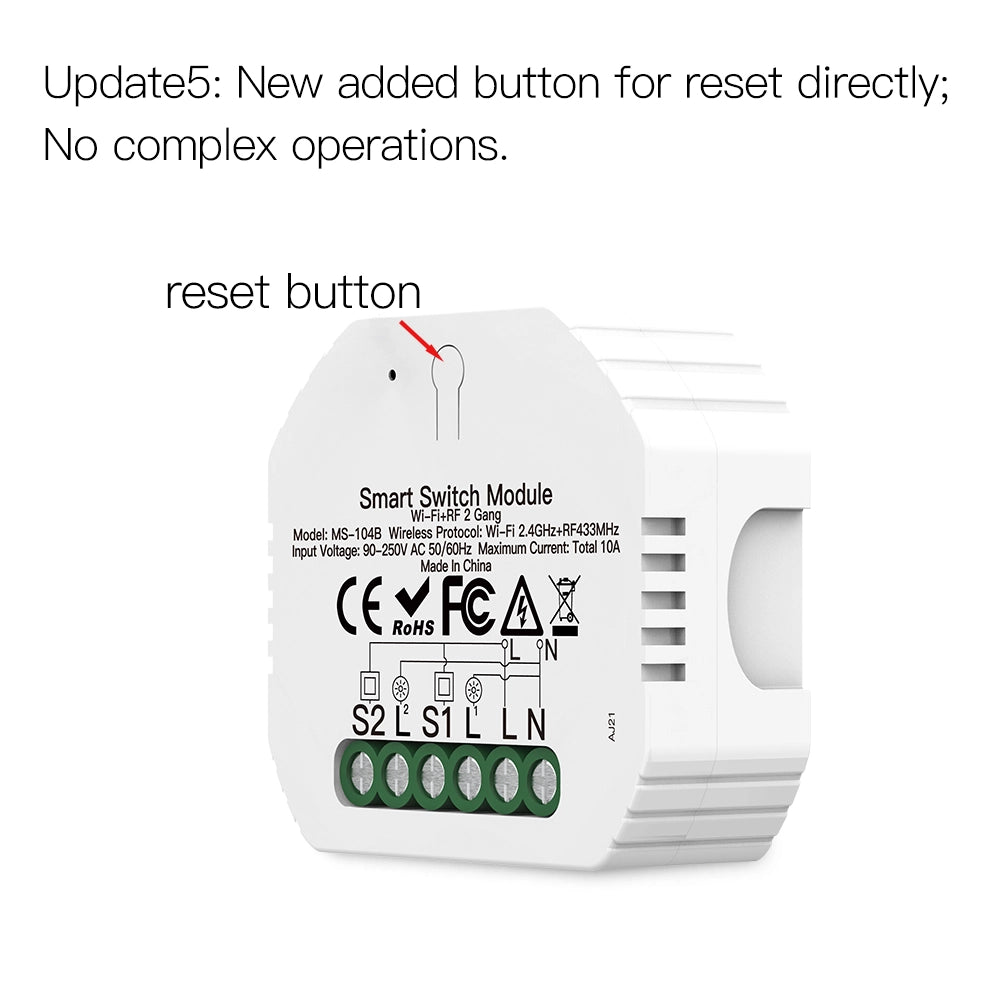 Relè Passo Passo Interruttore WIFI 2.4G+BLE+RF 433MHz, 2 Canali, Bluetooth BLE Mesh TUYA, Smart Life, 10A, AC 90-250V, 50/60HZ, 2200W, 53X48X18mm, IP20, SHB104B