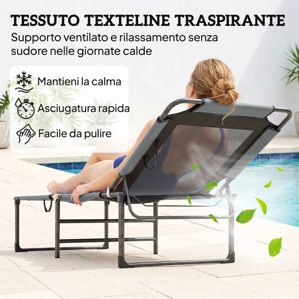 Lettino da Esterno Reclinabile 4 Posizioni, Sedia Pieghevole con Maniglia, Grigio.