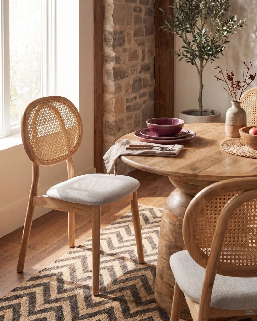 Set di 2 sedie da pranzo con struttura in legno e rivestimento in tessuto marrone chiaro e beige, schienale ovale con intreccio viennese, stile Japandi