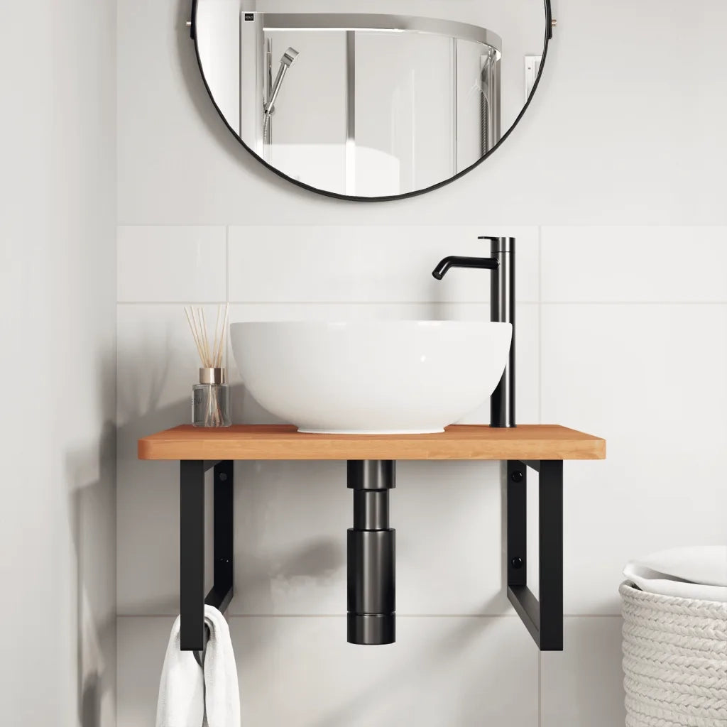 Ripiano a Parete per Lavabo-Mensole a Muro in Acciaio e Massello di Faggio 790878