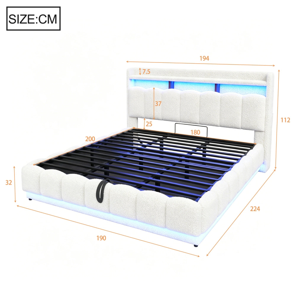 LETTO Contenitore 180x200 cm Bianco in tessuto boucl¨¦ con LED e USB