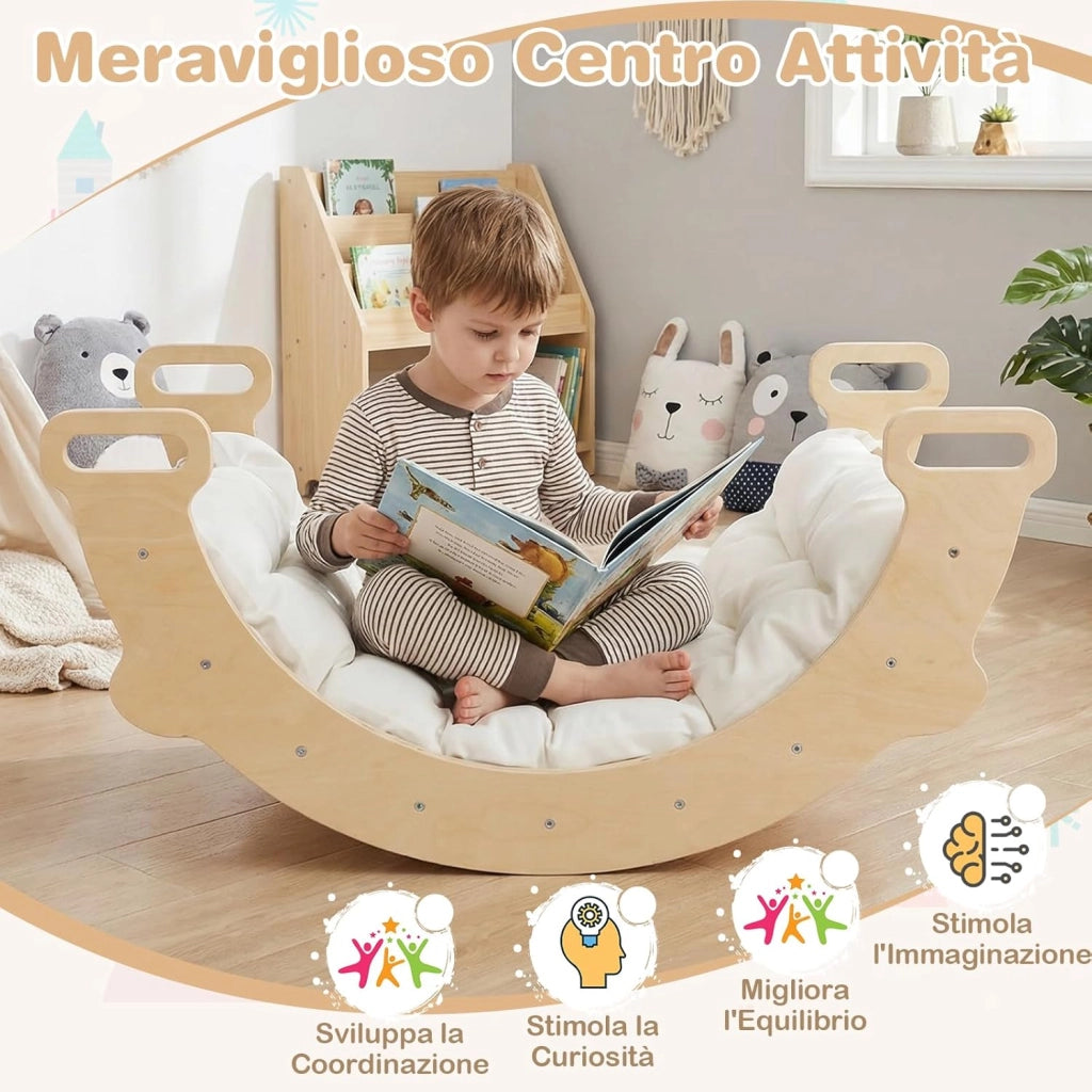 Arco da Arrampicata per Bambini, 3 in 1 Altalena ad Arco in Legno con Cuscino Morbido, Doppia Faccia, Ideale per Bambini 3+ Anni (Stile 2 Naturale)