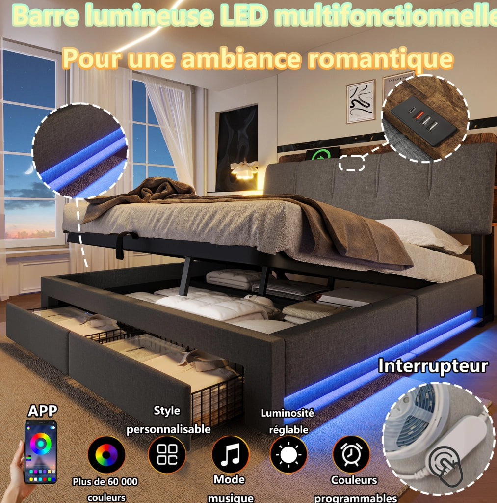 Letto contenitore imbottito ULEVR 140x200 cm con LED, USB e Type-C, cassetti laterali, lino grigio